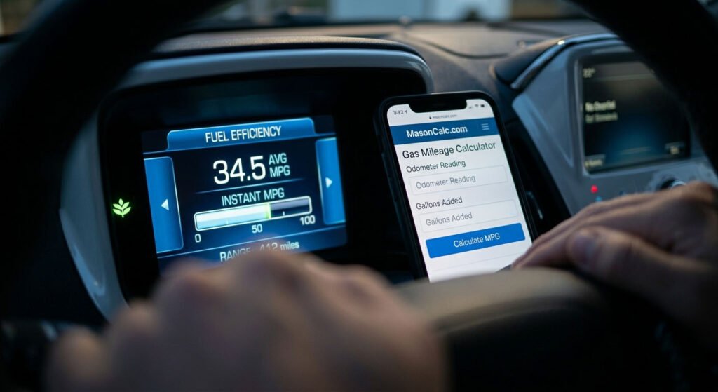 Digital car dashboard showing high fuel efficiency and gas mileage stats.