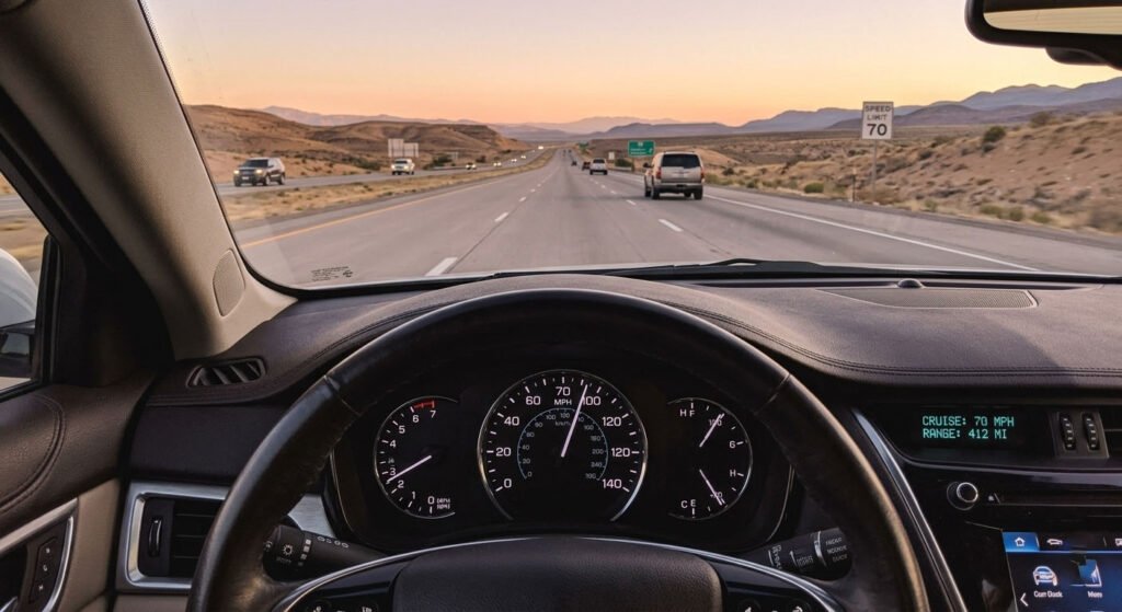 A driver's view of an open American highway at sunset, featuring a vehicle speedometer with both MPH and KM/H scales.