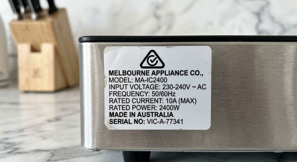 Finding Amp and Volt Specifications on Household Electronics A close-up view of an electrical data sticker on an appliance detailing the Amps, Volts, and Wattage parameters.