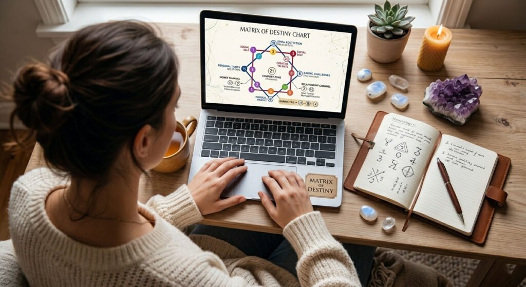 A woman using an online destiny matrix calculator on her laptop for self-discovery