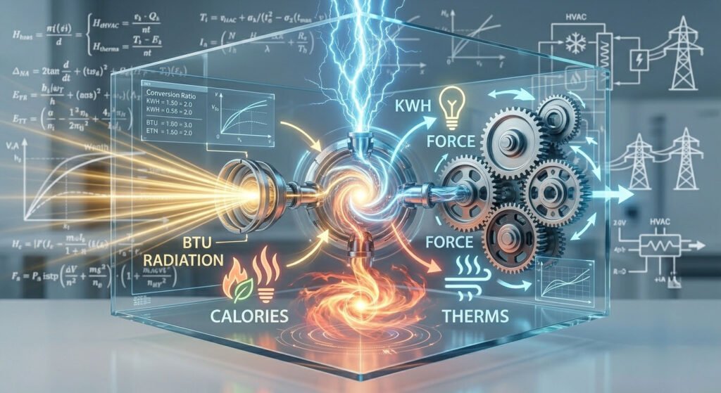 Conceptual Energy Unit Diversity Visualization A high-tech digital visualization showing the conversion of different energy types, featuring electrical sparks, thermal heat, mechanical gears, and labels for Joules, BTU, and Calories.