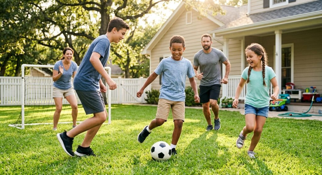 A joyful American family with children of various ages playing actively with a soccer ball in a sunny green suburban backyard