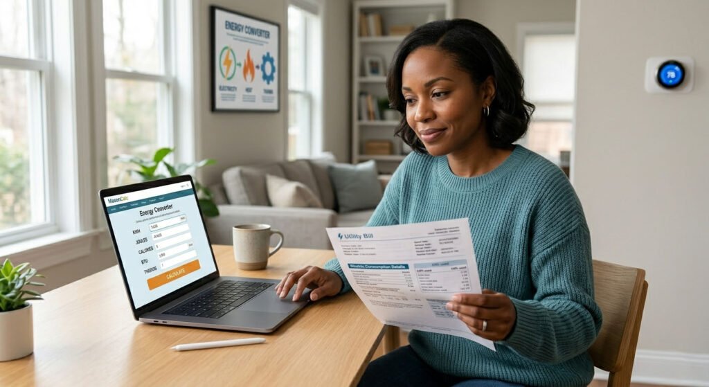 Using MasonCalc Energy Converter for Utility Bills A woman in a modern home setting reviewing a utility bill while using the MasonCalc Energy Converter tool on a laptop to track household energy consumption.