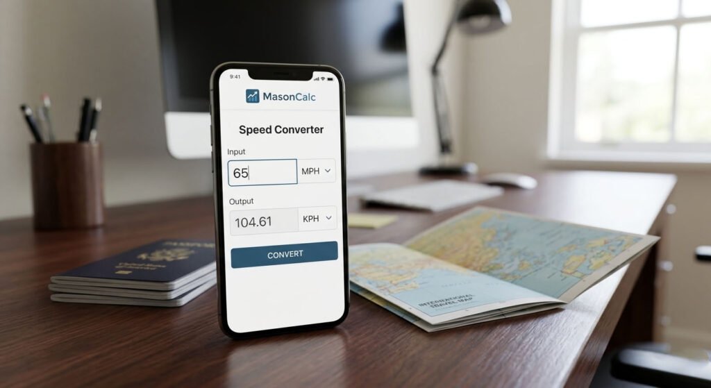 A modern smartphone on a desk showing the MasonCalc Speed Converter tool interface next to a passport and a travel map.