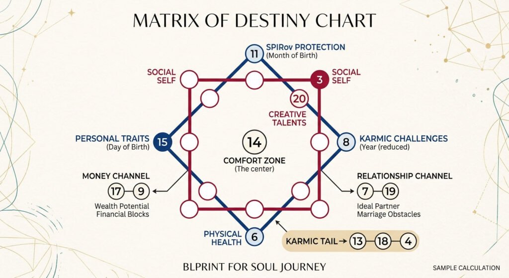 Blank Matrix of Destiny calculator octagram chart showing personal and ancestral squares.