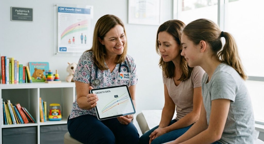 A friendly, compassionate pediatrician in a modern US clinic showing a growth chart on a digital tablet to a parent and their teenage child