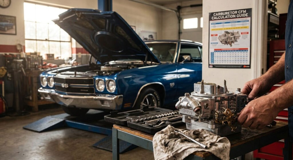 A high-performance 4-barrel carburetor on a garage workbench with a CFM calculation chart in the background Tuning a Carburetor for Maximum Airflow
