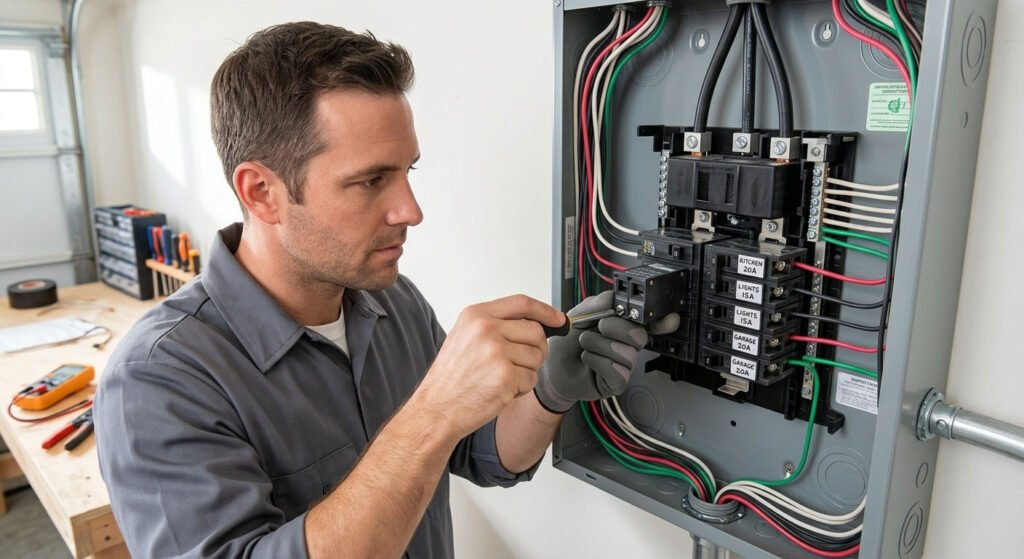 Insert directly after the first introductory paragraph to ground the article in home safety and electrical setups. A professional electrician installing residential circuit breakers inside a home electrical panel box